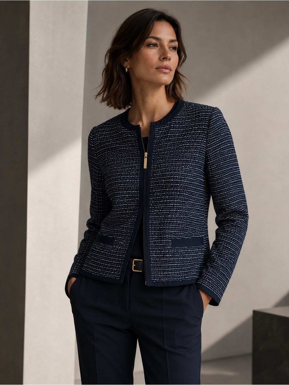 BOSS NAVY BLUE WHITE TWEED LONG SLEEVED ZIP UP HUGO SUIT JACKET SZ L